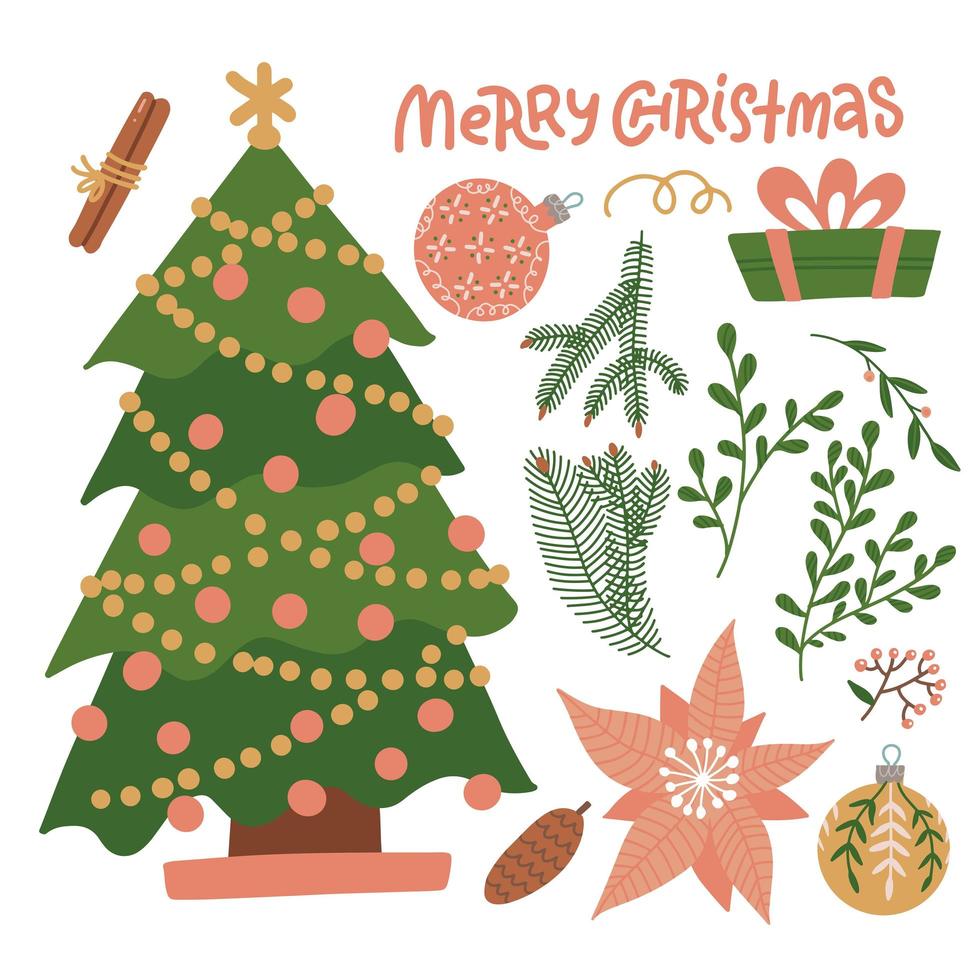 Set of Christmas winter floral elements. Constructor for your design. Xmas tree with branches, twigs and flowers. Vector flat illustration with lettering text.