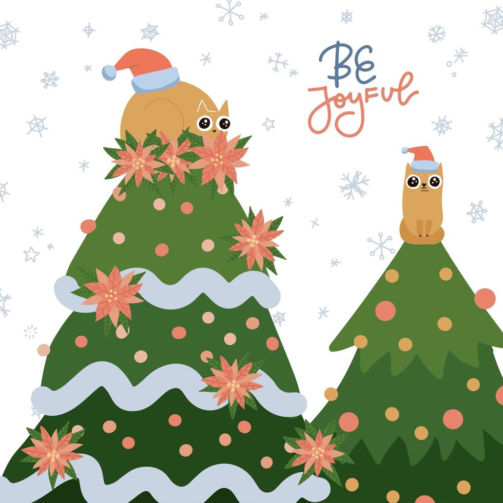 tarjeta de felicitación con gato de jengibre en el árbol de navidad. mascotas traviesas celebrando las vacaciones de navidad en casa. sea una cita alegre con letras. ilustración de vector plano dibujado a mano