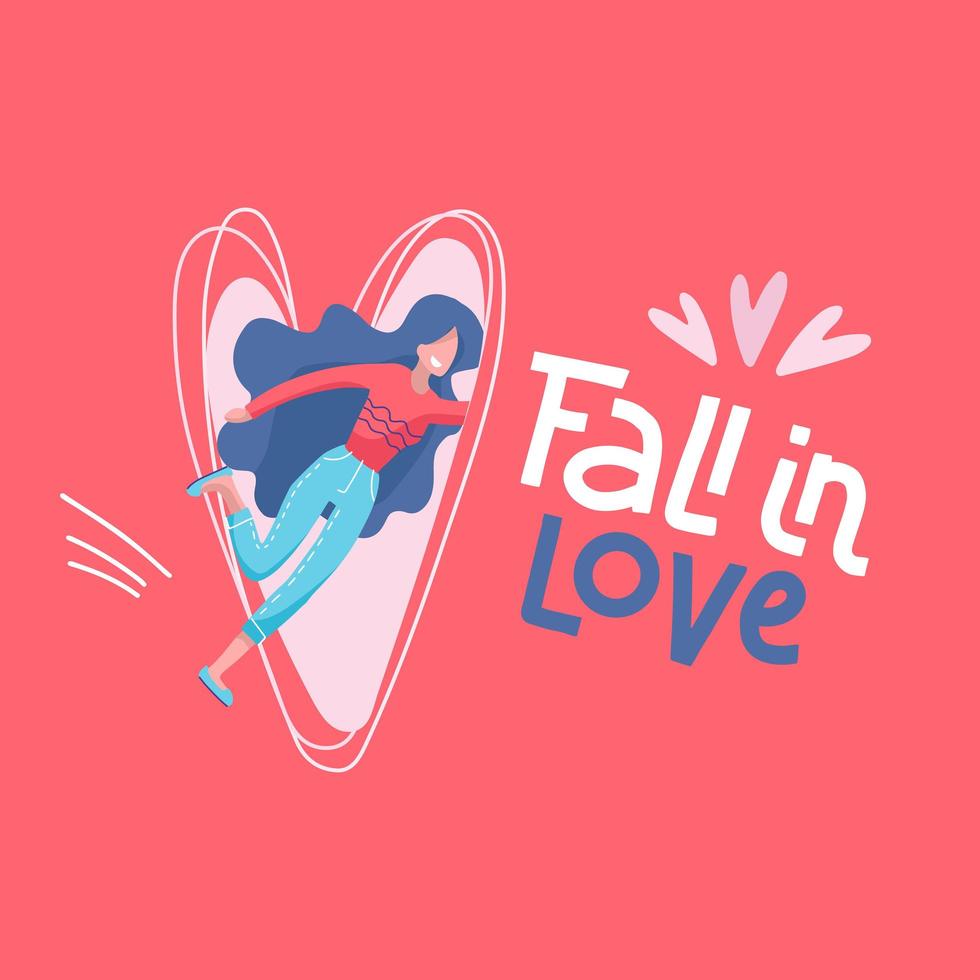 Single Girl falls into the portal in the form of a heart. Romantic cute illustration about love and relationship. Fall in love trendy lettering. Vector design concept for Valentine s Day. 14 February