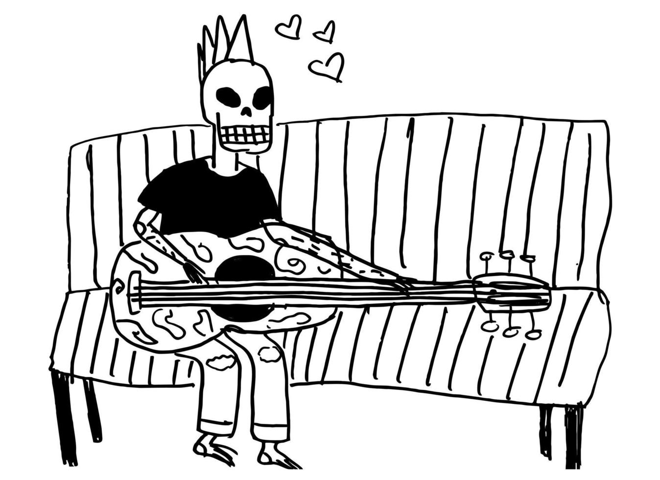 Vector monochrome isolated childish doodle with skeleton playing guitar.