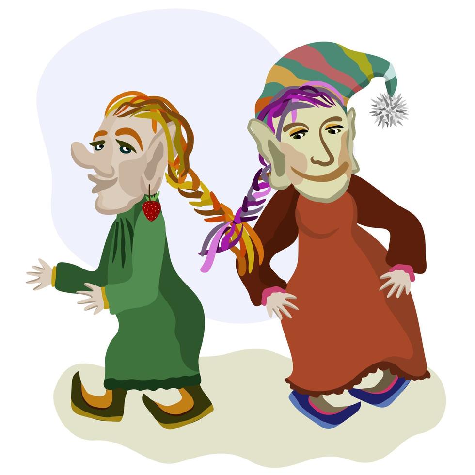 Vector isolated illustration of two girls, gnomes with tangled braids.