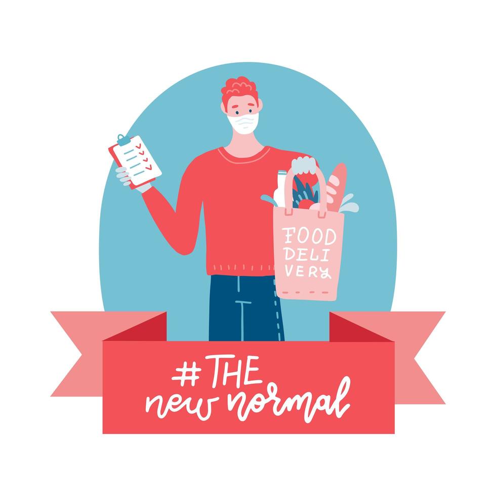 Hashtag the new normal - lettering concept. Delivery man holding a grocery bag in his hands.Delivery of food during Covid-19. Courier wear face mask,glove. Quarantine concept, flat vector illustration