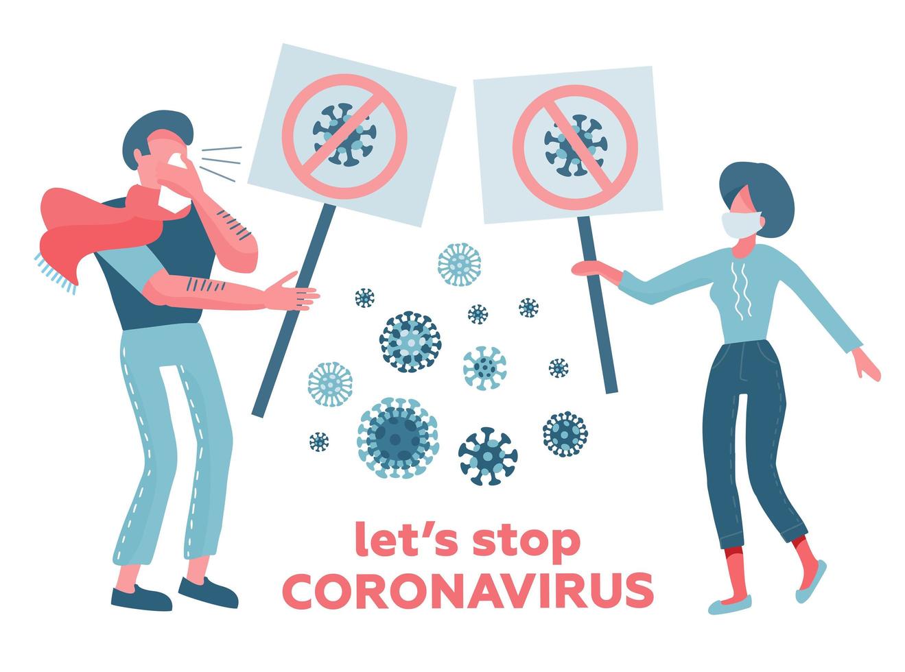 Man, woman characters in medical face masks holding signs that rejects virus. Concept of illness prevention. Novel corona virus disease COVID-19, 2019-nCoV, MERS-Cov concept. Vector flat illustration.