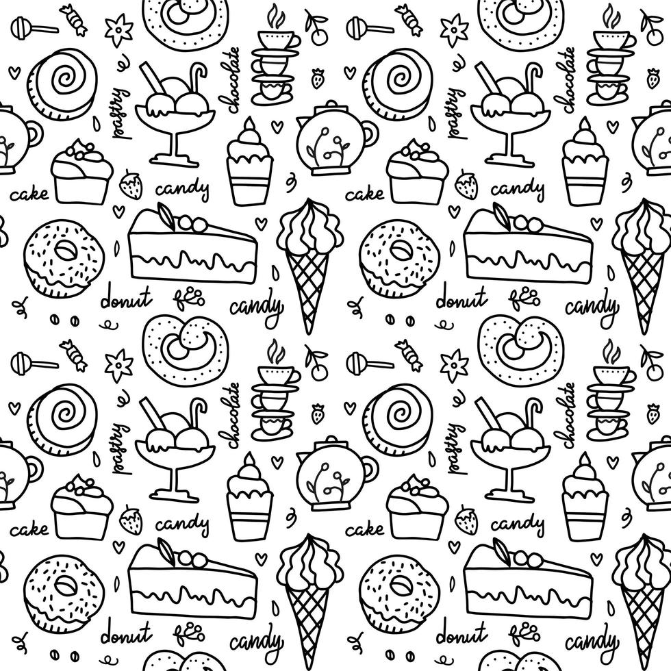 Vector doodle seamless pattern with sweets. Happy birthday background with ice cream and cupcakes. Black and white background.