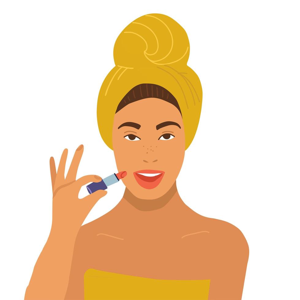 hermosa mujer en toalla amarilla sosteniendo lápiz labial y maquillándose. aislado sobre fondo blanco. ilustración plana vectorial. idea para cosméticos, tratamiento de spa, cosmetología, cirugía de clínica de belleza. vector