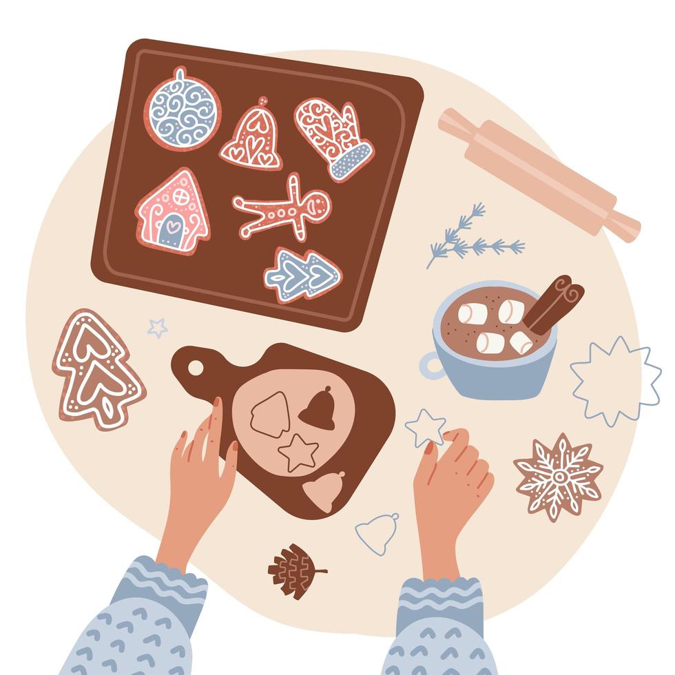 Sweet Christmas homemade bakery. Two Hands of woman making a dough, rolling and cutting gingerbread on a table - flat lay concept. Preparing for the Holiday. Flat vector illustration.