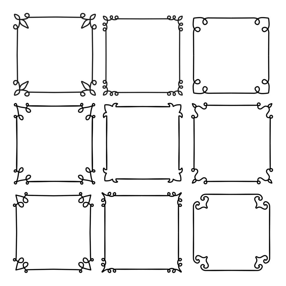 Set of Black Simple Line Frames. Collection of Doodle Square Abstract Borders. Hand Drawn Vector Design. Linear Illustration For Banners and Cards.