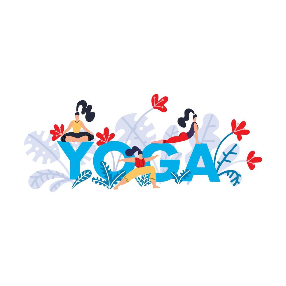 Yoga practice print. Seminar on yoga, festival, lesson, event. Banner with bright blue text letter Yoga, tropical exotic leaves and flowers and girls in poses and asanas. Flat Vector illustration.