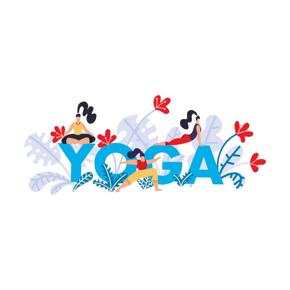 Yoga practice print. Seminar on yoga, festival, lesson, event. Banner with bright blue text letter Yoga, tropical exotic leaves and flowers and girls in poses and asanas. Flat Vector illustration.