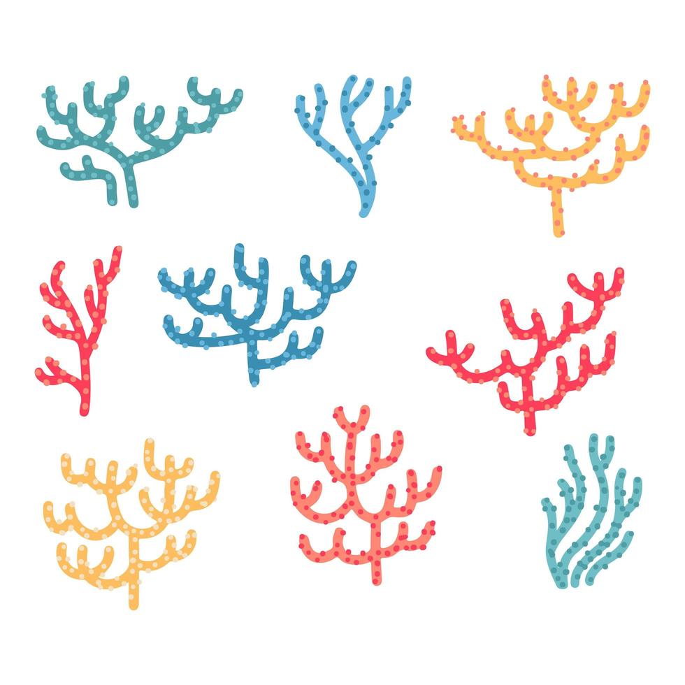 Set of different color cartoon corals isolated on white background. Bundle of marine species, deep sea creatures, ocean flora and fauna. Underwater biodiversity. Flat hand drawn vector illustration