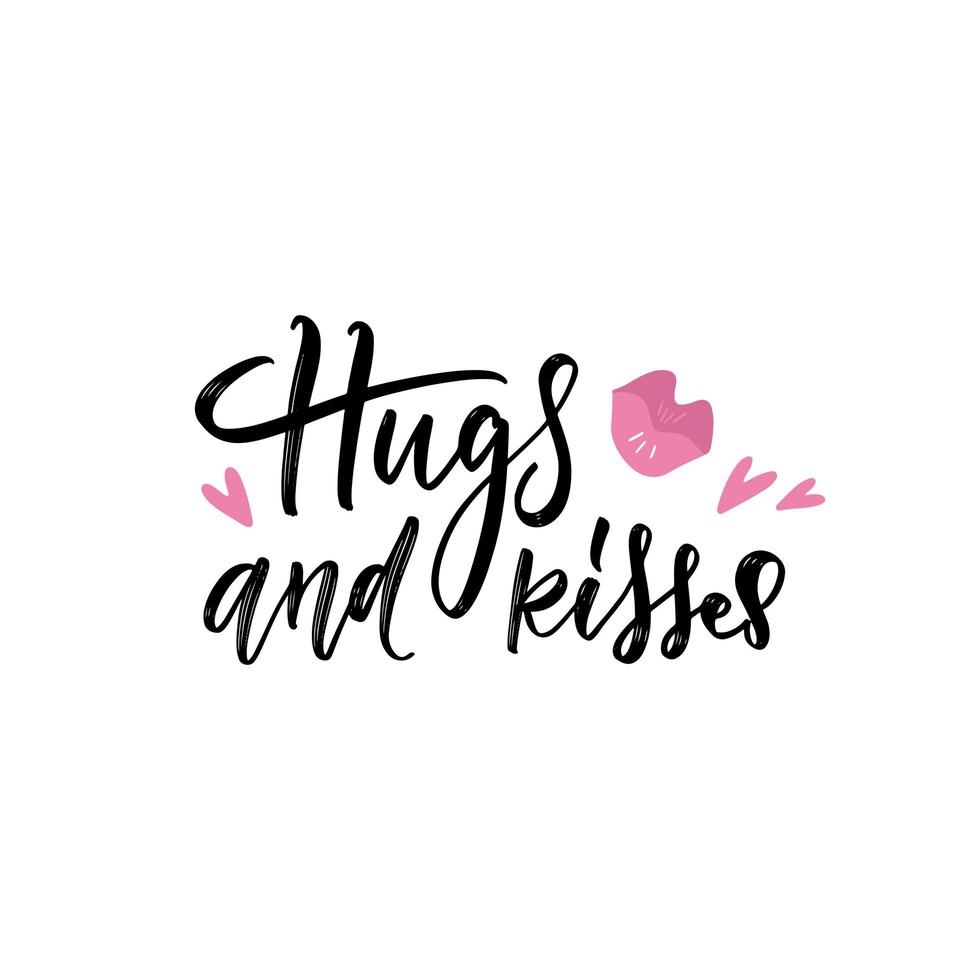Pink lipstick print with hugs and kisses hand lettering, on white background. Vector illustration. Can be used for Valentine's Day design.