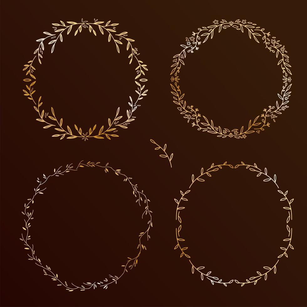 conjunto de elementos dibujados a mano de diseño chic. colección de coronas florales, colección de marcos vectoriales redondos sobre fondo negro vector
