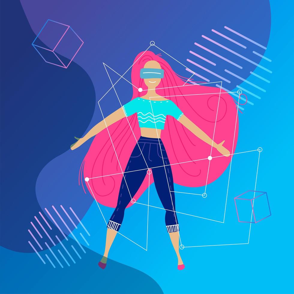 Virtual reality concept. Enthusiastic young woman wears VR headset, virtual reality goggles. Future technology. Abstract vr world with different objects. Vector flat illustration of flying girl.