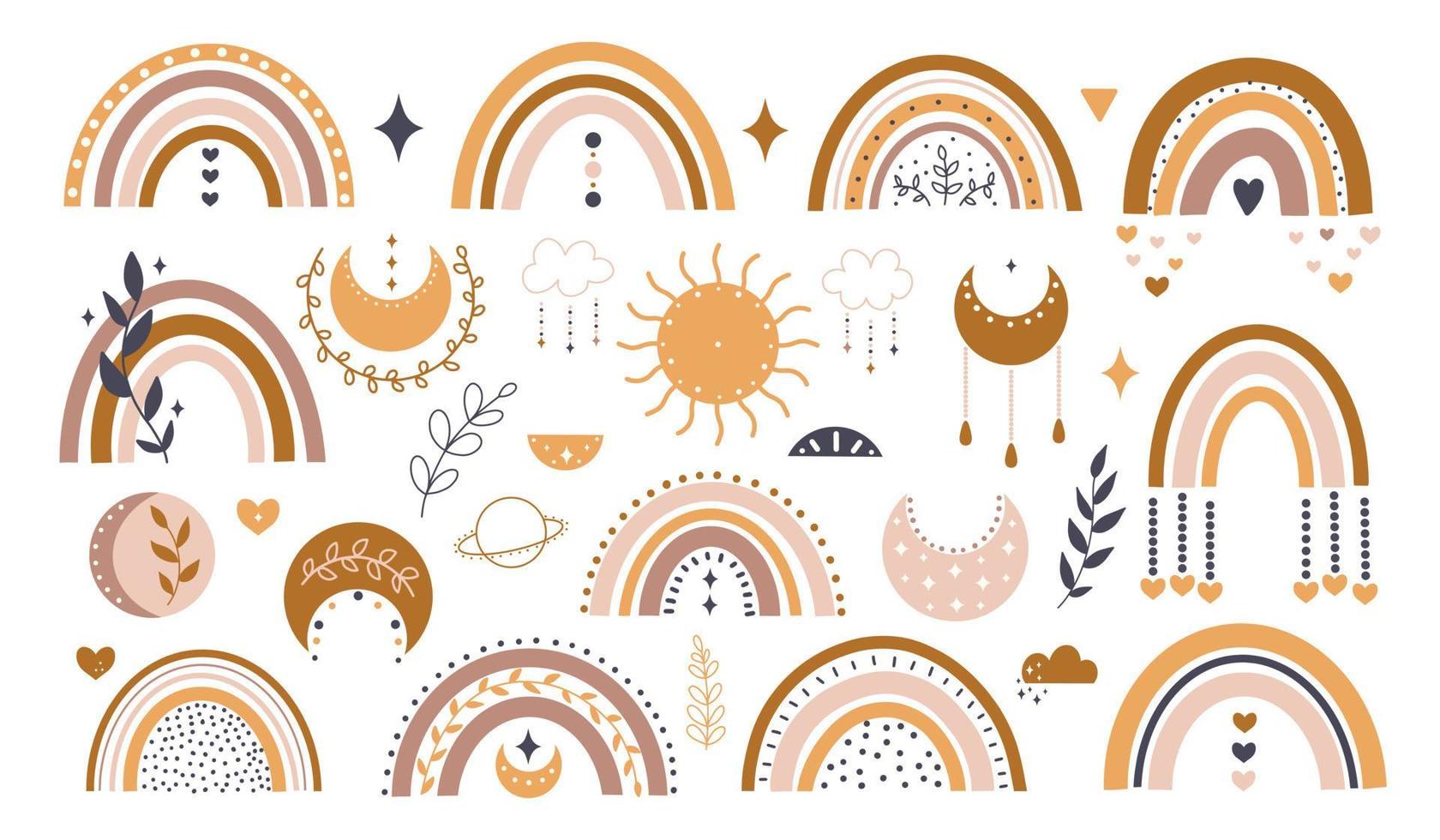 Cute boho rainbows clipart for nursery decoration with cute rainbows and moon, sun, cloud. Perfect for baby shower, birthday, children's party. Bohemian elements. vector