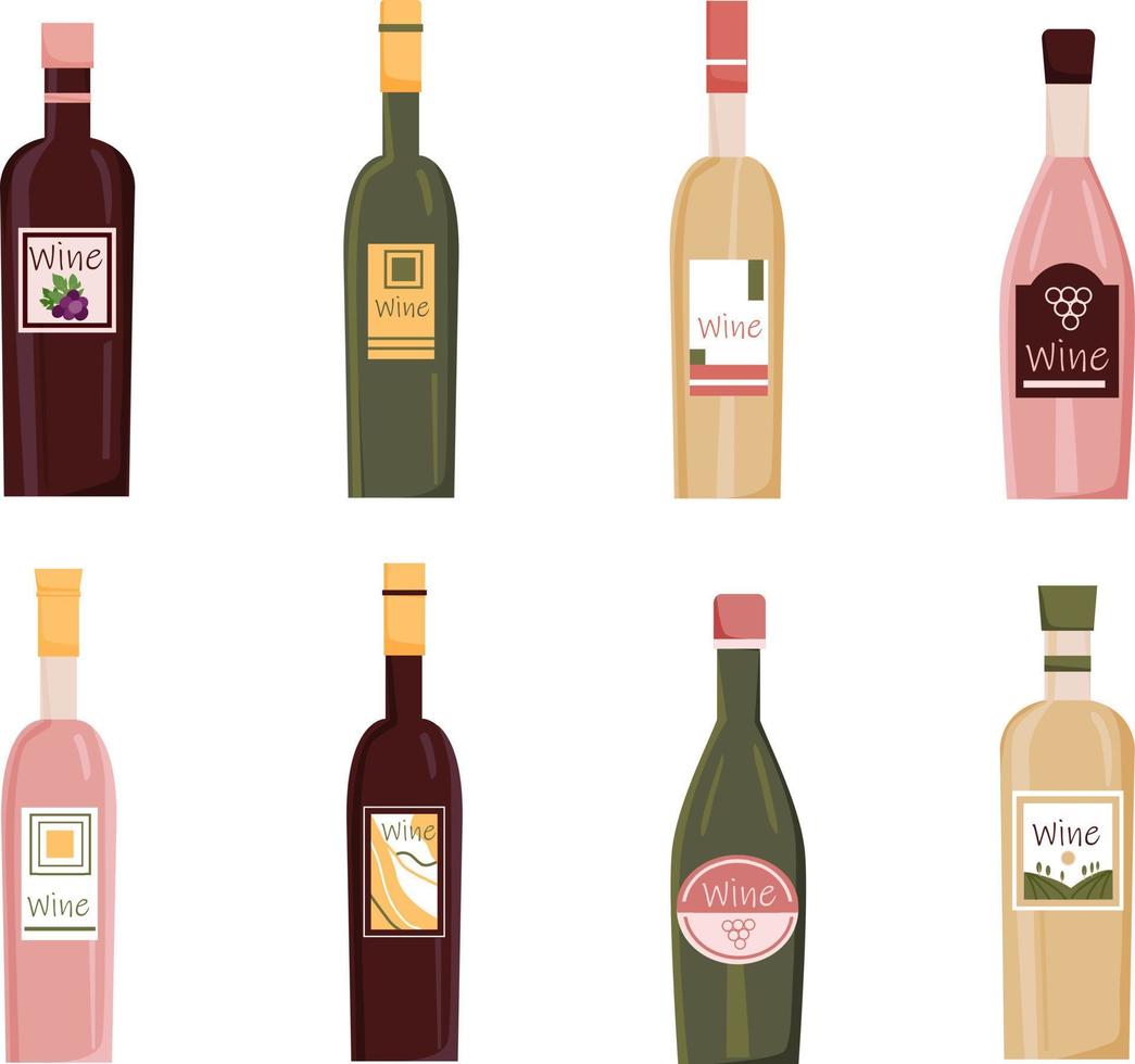 Set of wine bottles isolated on white background. Red, white, rose wine. Alcoholic drink. Bottles for alcoholic beverages. Grape drink. Vector illustration.