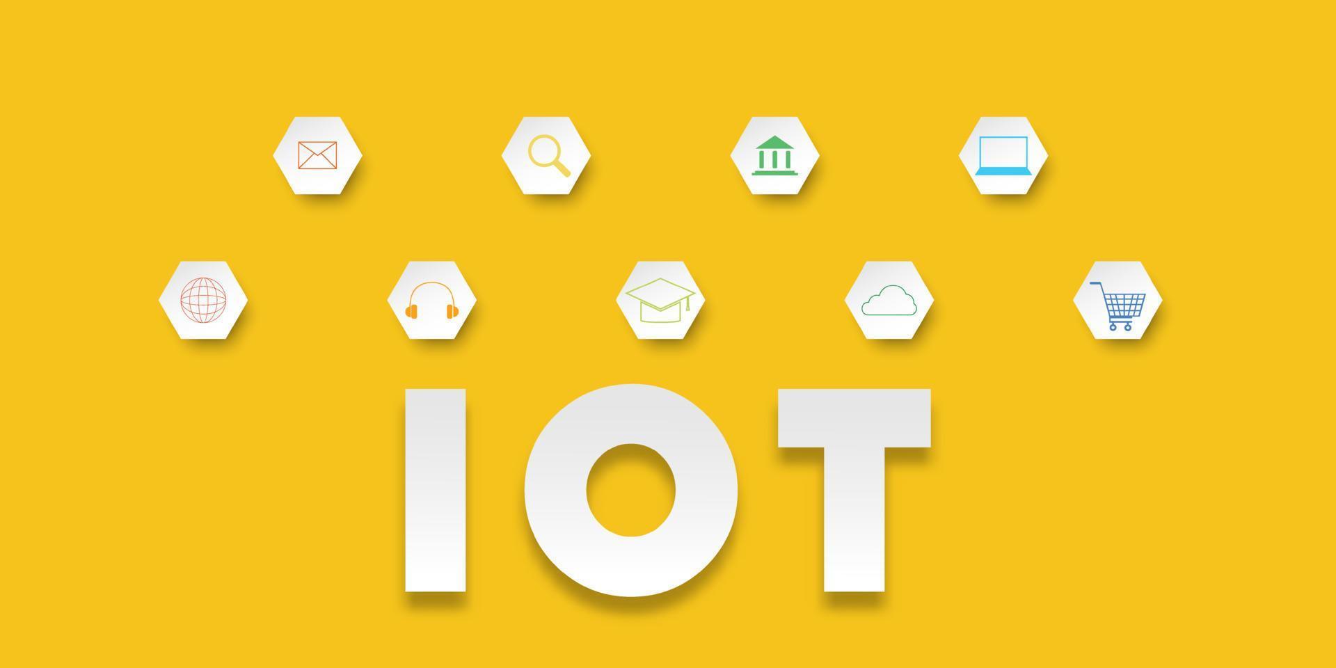Internet of things IoT concept. Paper cut style of an icon of communication technology, online learning, digital marketing, big data, financial, and banking on yellow background. vector