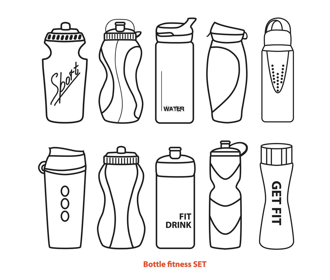 Sports bottles for drinking water or protein shakes. Healthy lifestyle. Fitness drinks. Linear vector illustration isolated on white background.