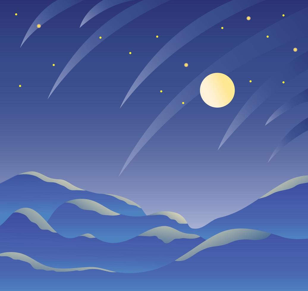 Fantastic landscape of the starry sky with a full moon or planet, starfall at night against the background of mountains and hills. Vector illustration