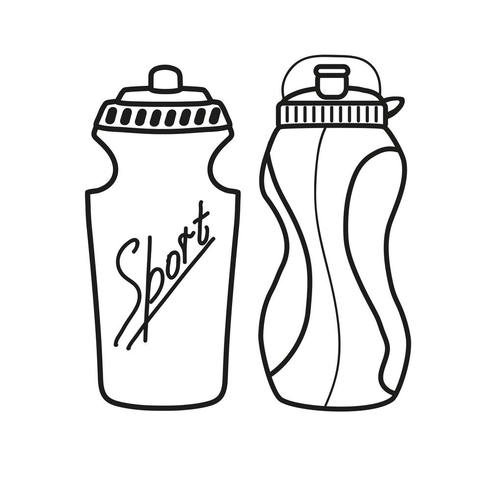 Botellas deportivas para beber agua o batidos de proteínas. estilo de vida saludable. bebidas deportivas ilustración vectorial lineal aislada sobre fondo blanco. vector