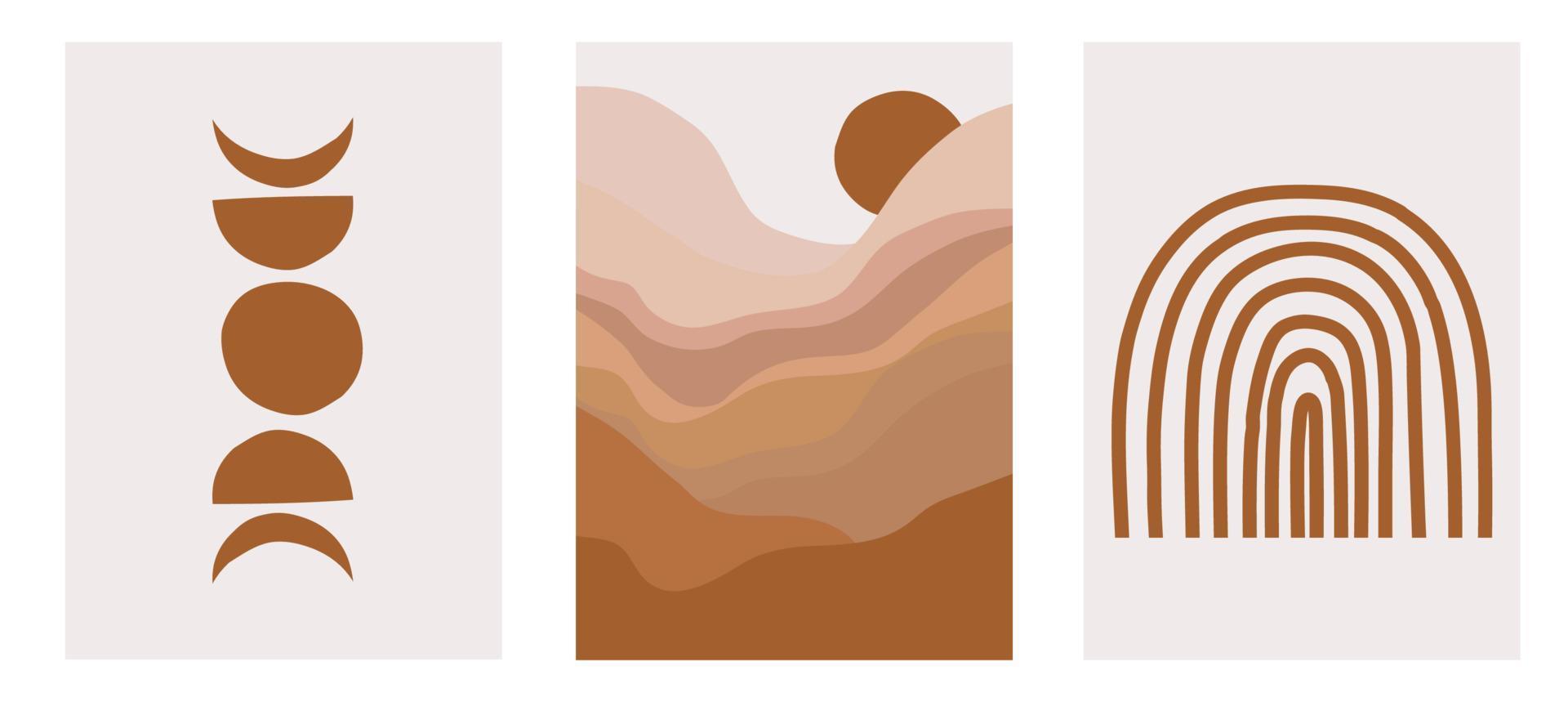 conjunto de tres carteles pastel con arco iris, paisaje abstracto de montaña y formas abstractas, ilustración vectorial. impresión de arte nórdico mínimo. diseño de abstracción para fondo, papel tapiz, tarjeta, arte mural vector