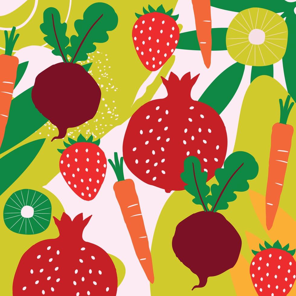 Exotic fruits and vegetables poster. Summer tropical design with strawberry, pomegranate, kiwi, carrot, beetroot colorful mix. Healthy diet, vegan food background vector illustration