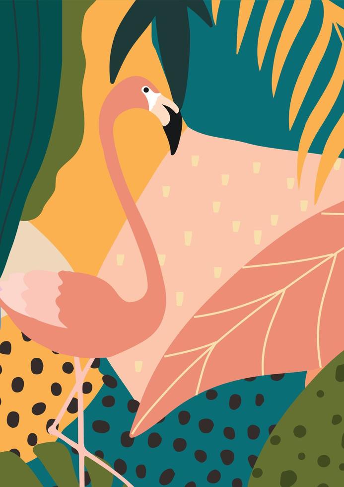 Tropical flowers and leaves poster background with flamingos. Colorful summer vector illustration design. Exotic tropical art print for travel and holiday, fabric and fashion