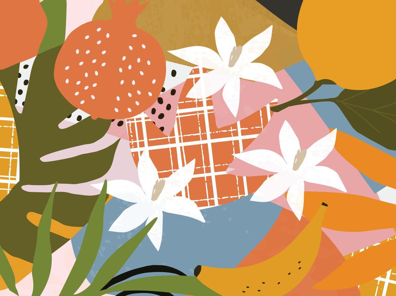 Botanical poster vector illustration. Foliage drawing with abstract shapes and fruit. Leaves, ferns and flowers art print. Abstract plant design for background, wallpaper, card, wall art