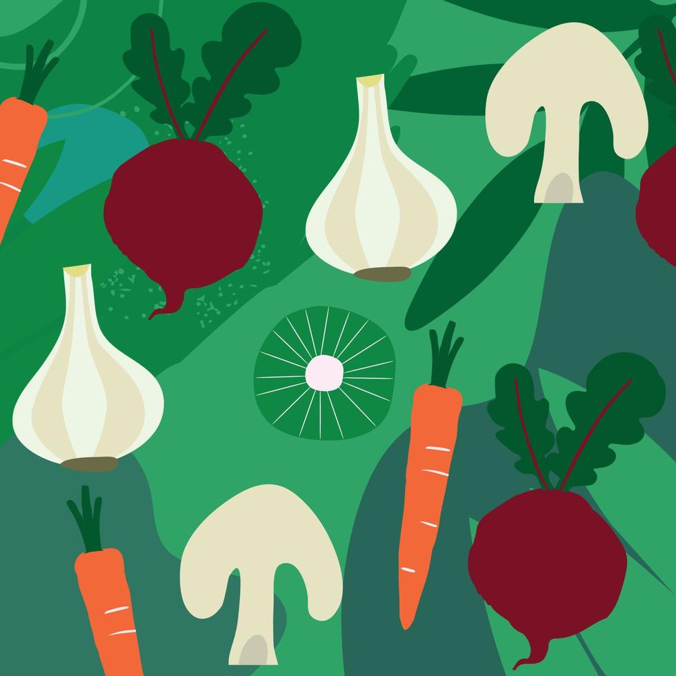 afiche de verduras, comida vegana fresca, dieta saludable, alimentación saludable, cebolla, champiñón, zanahoria y remolacha, diseño de ilustraciones vectoriales planas vector