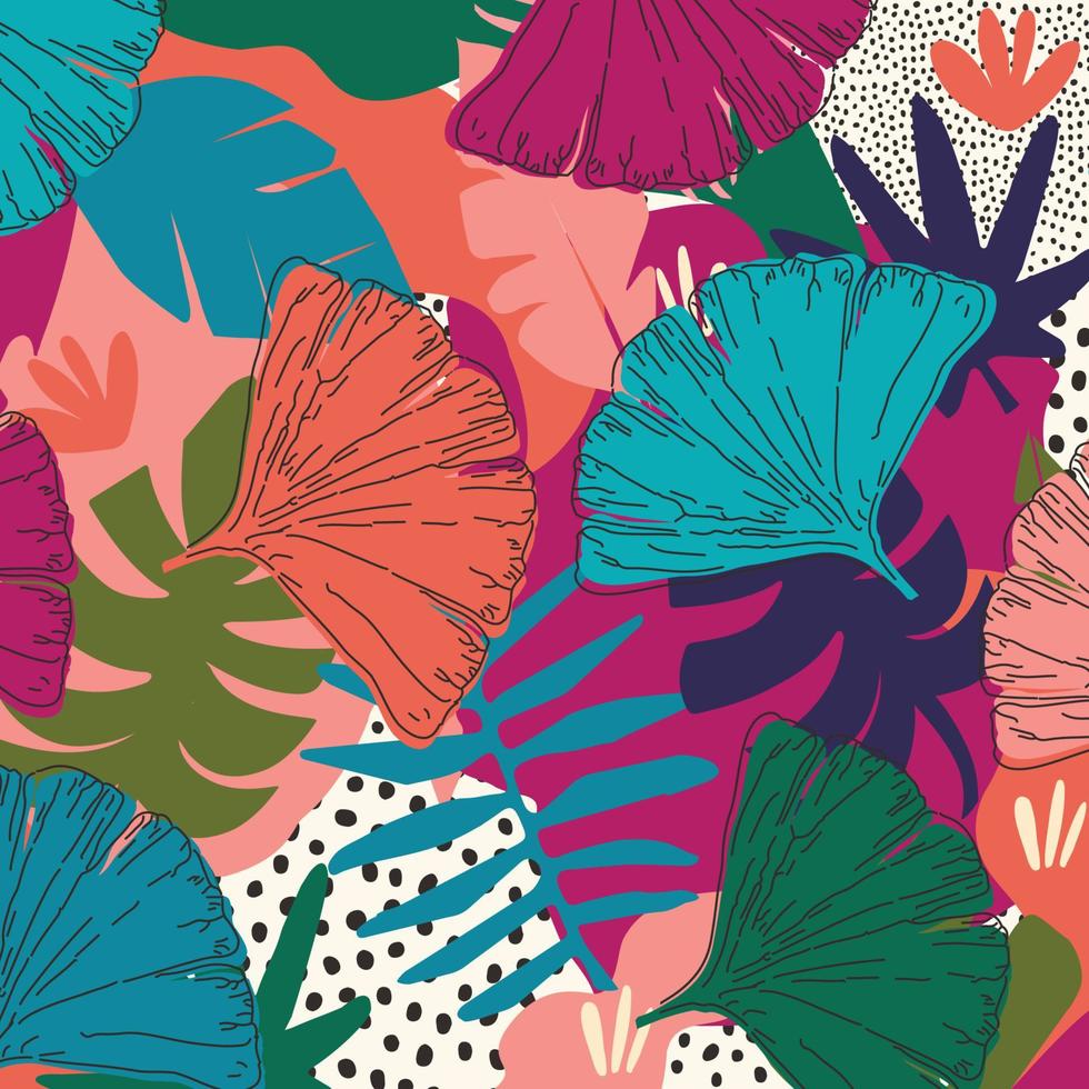 Ilustración de vector de fondo de cartel de hojas diferentes coloridas. plantas exóticas, ramas, flores y hojas, impresión de arte botánico para productos de belleza y naturales, spa y bienestar, tela y moda