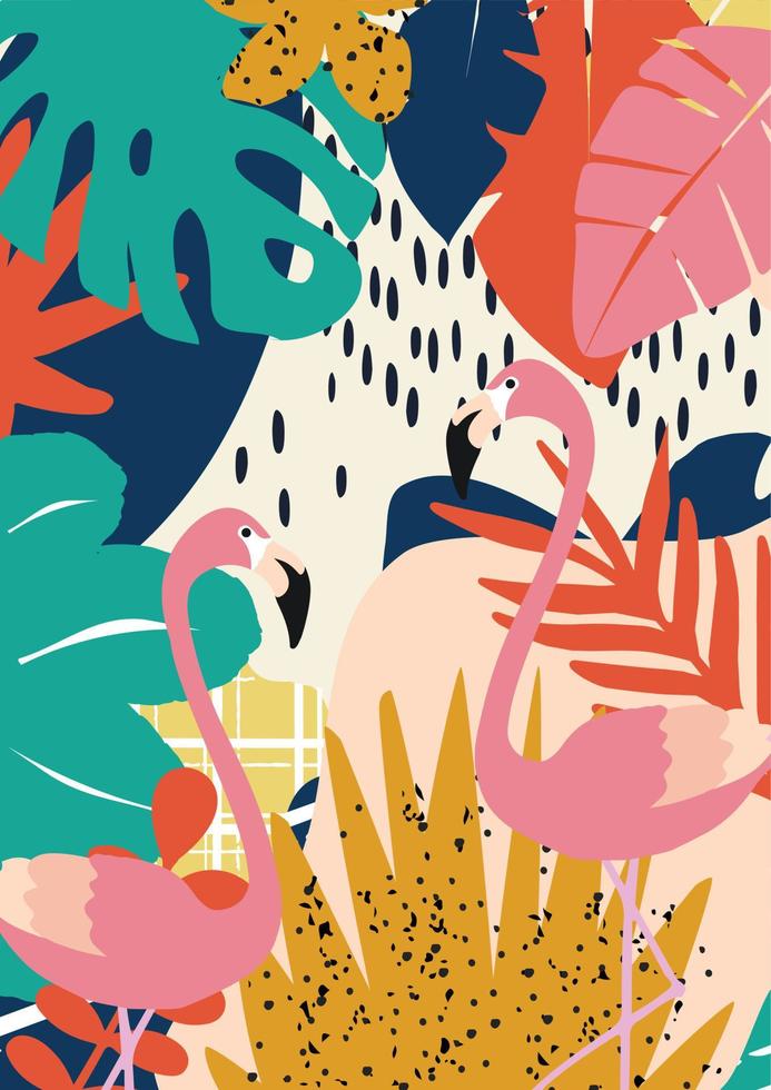 fondo de cartel de flores y hojas tropicales con flamencos. diseño colorido del ejemplo del vector del verano. impresión de arte tropical exótico para viajes y vacaciones, tela y moda