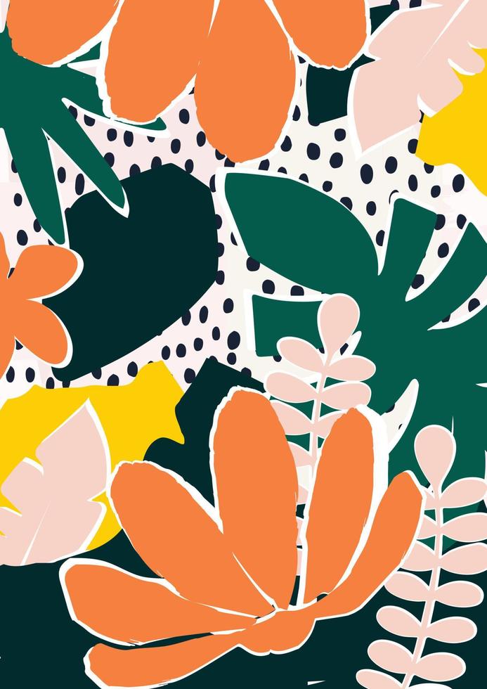 Colorful tropical leaves poster background vector illustration. Exotic plants, branches, flowers and leaves art print for beauty and natural products, spa and wellness, fabric and fashion