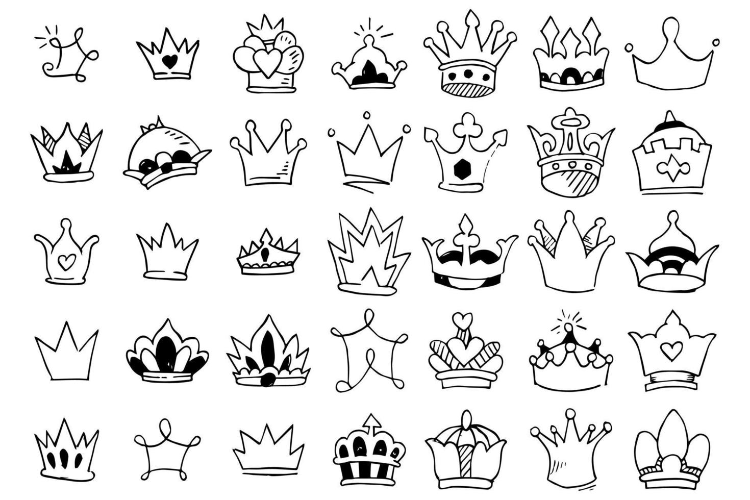 Doodle set crown line art, vector illustration.