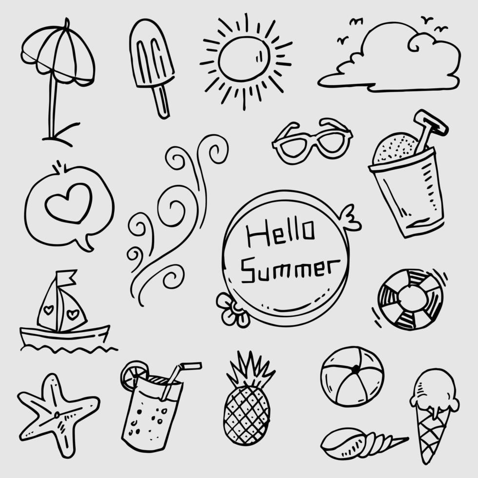 Set doodle summer, umbrella, ice cream, sand bucket, pineapple, juice, shells, sun, clouds, boat, wind and many more. vector