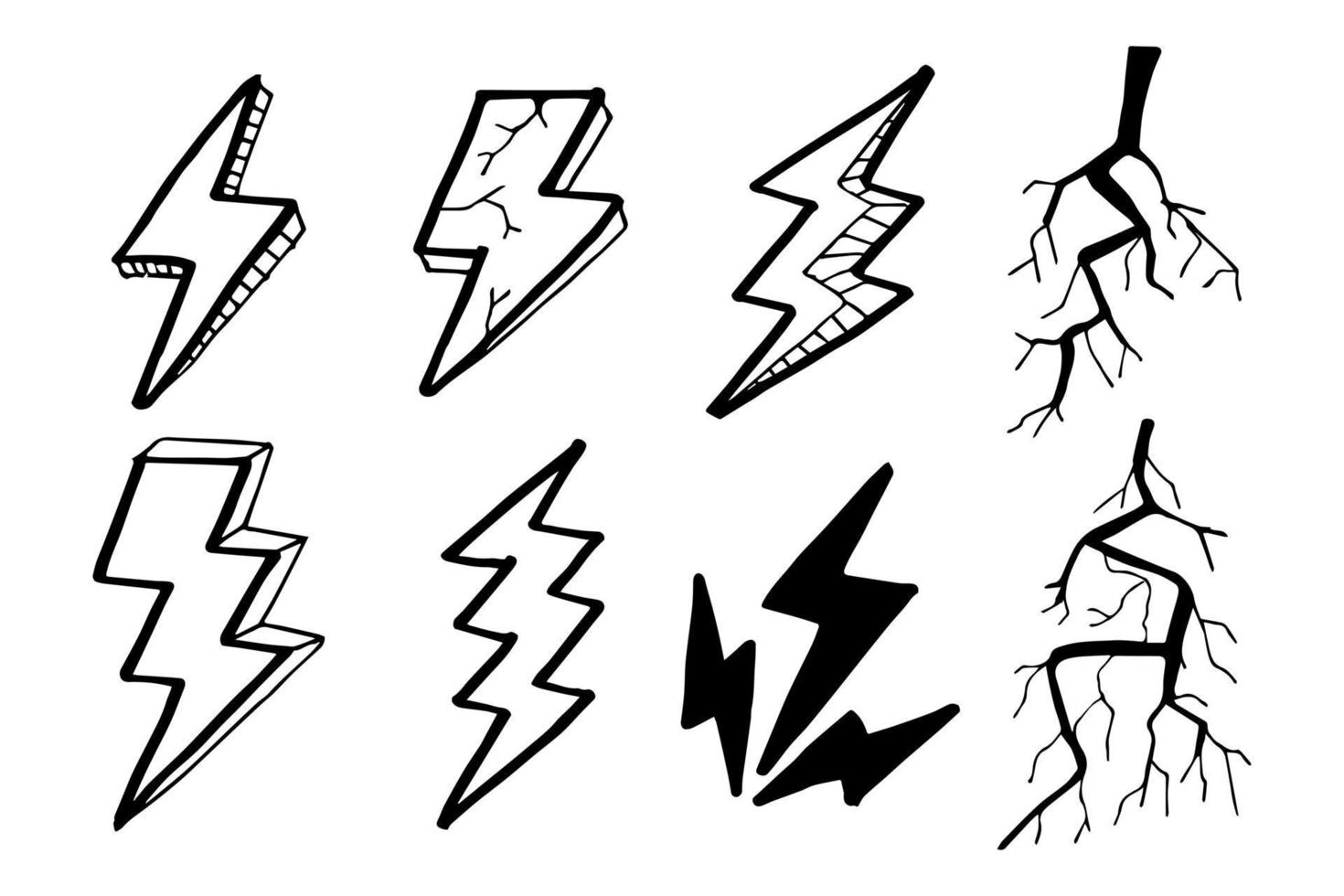 Doodle set lightning line art, thunder, vector illustration.