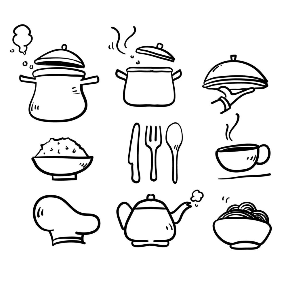 hand drawn doodle cooking icon set isolated background vector