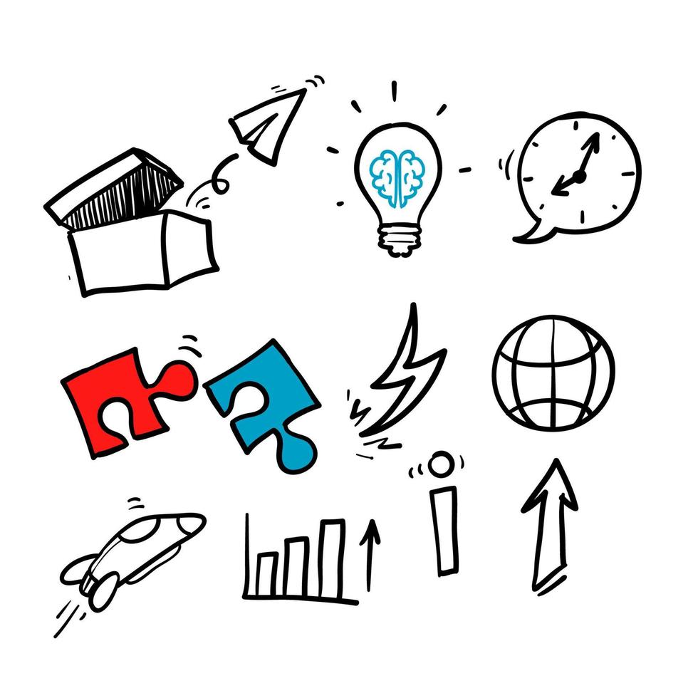 hand drawn Startup line icons. Launch Project, Business report and Target. with doodle style vector isolated