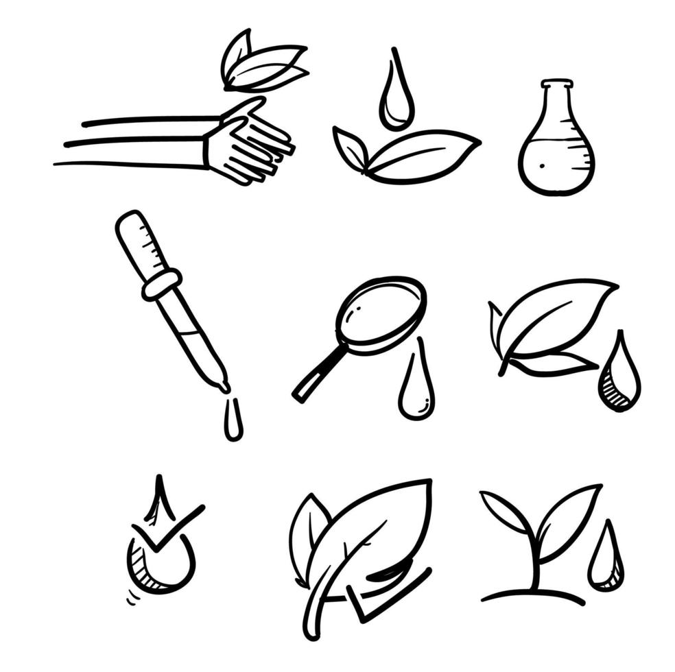 hand drawn organic leaf line icons symbol for Dermatologically tested, Paraben chemical formula icons. Hypoallergenic tested in doodle style vector