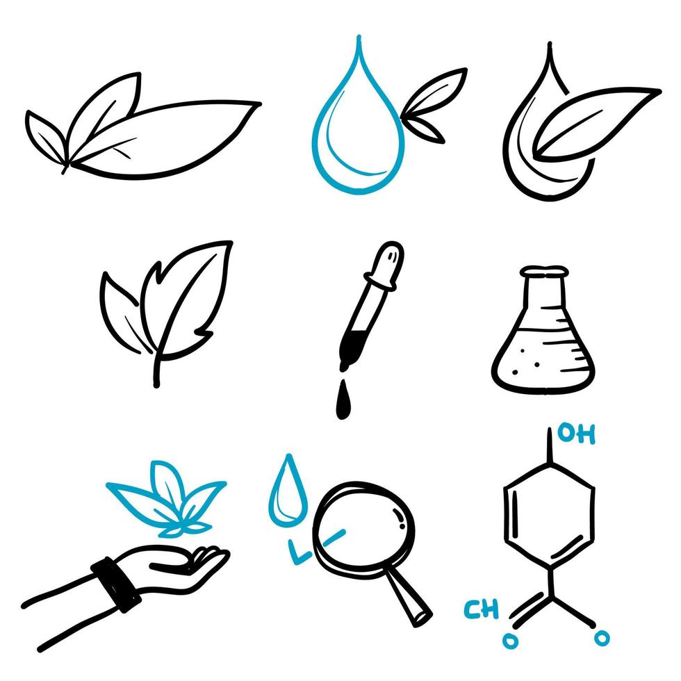 símbolo de iconos de línea de hoja orgánica dibujados a mano para iconos de fórmula química de parabenos dermatológicamente probados. hipoalergénico probado en estilo garabato vector