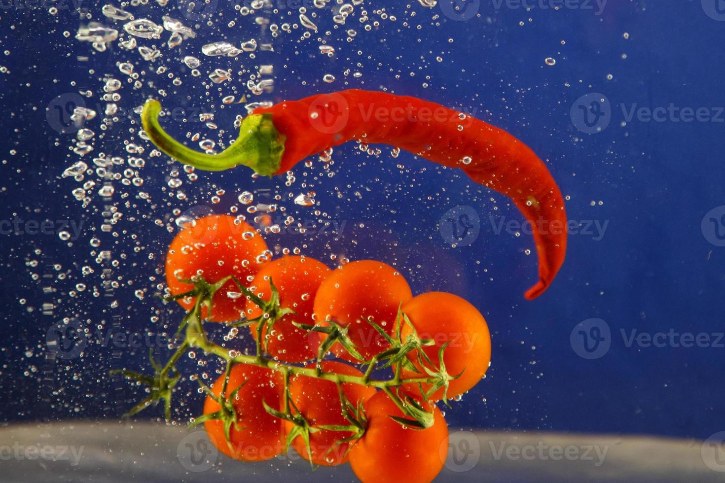 tomatoes and red peppers float in the water on a blue background photo