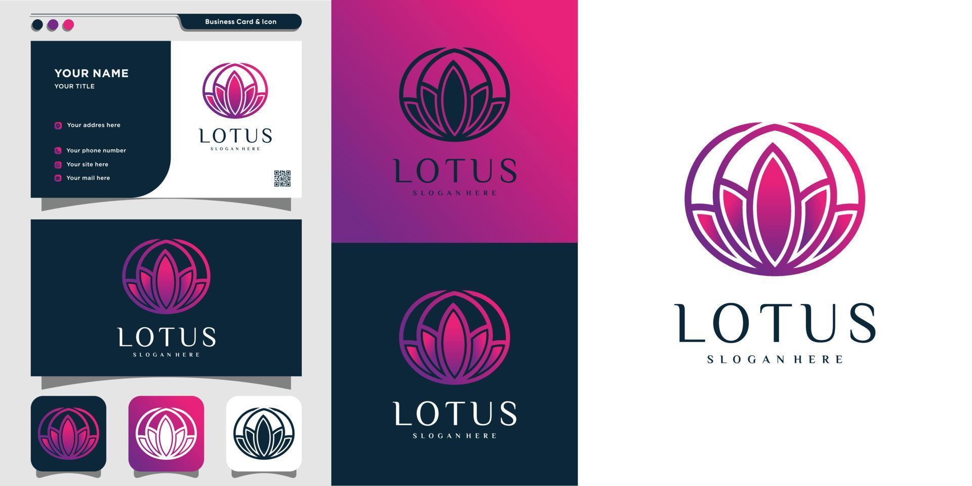 logotipo de loto y plantilla de tarjeta de visita, degradado, moderno, único, spa, belleza, salud, vector premium