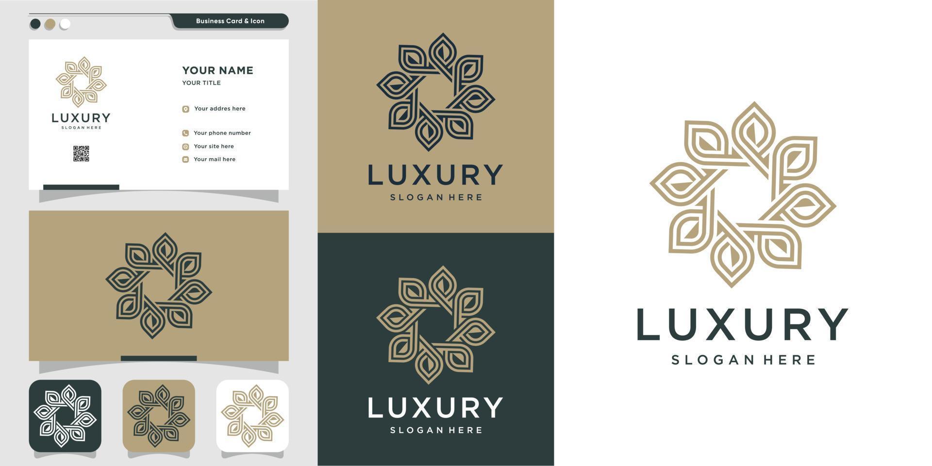 logotipo floral de lujo y tarjeta de visita con plantilla de diseño de arte lineal vector premium