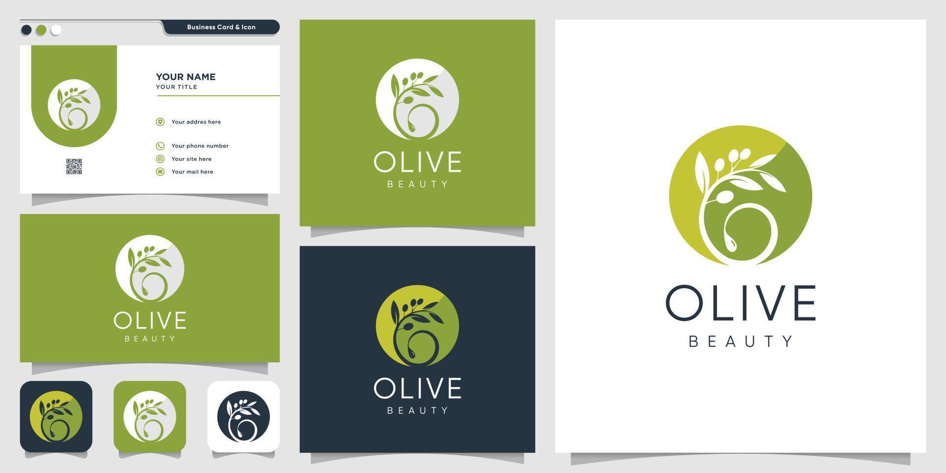 Olive logo and business card design template, brand, beauty, spa, cosmetics, Premium Vector