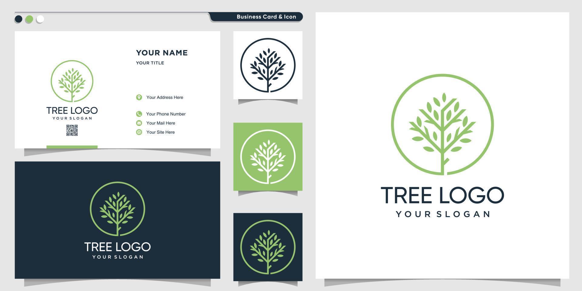 Tree logo with line art style and business card design template, nature, logo template, Premium Vector