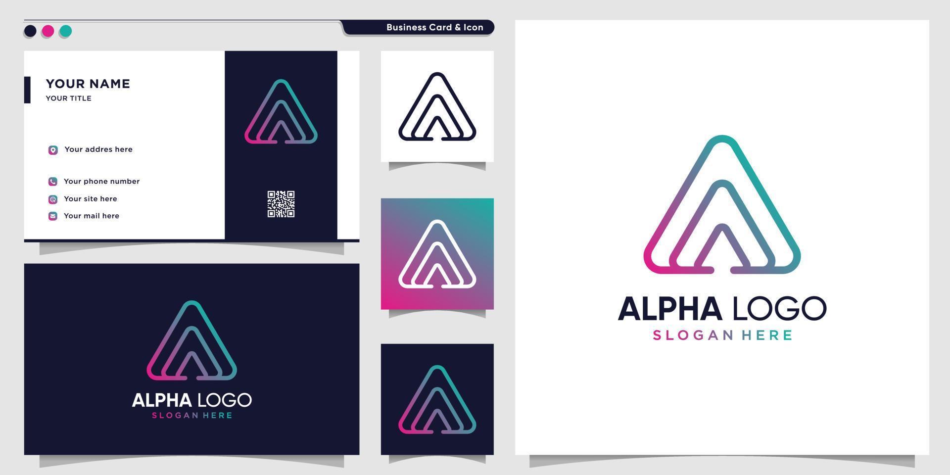 Alpha logo with line art style and business card design template.  Technology, symbol, icon Premium Vector