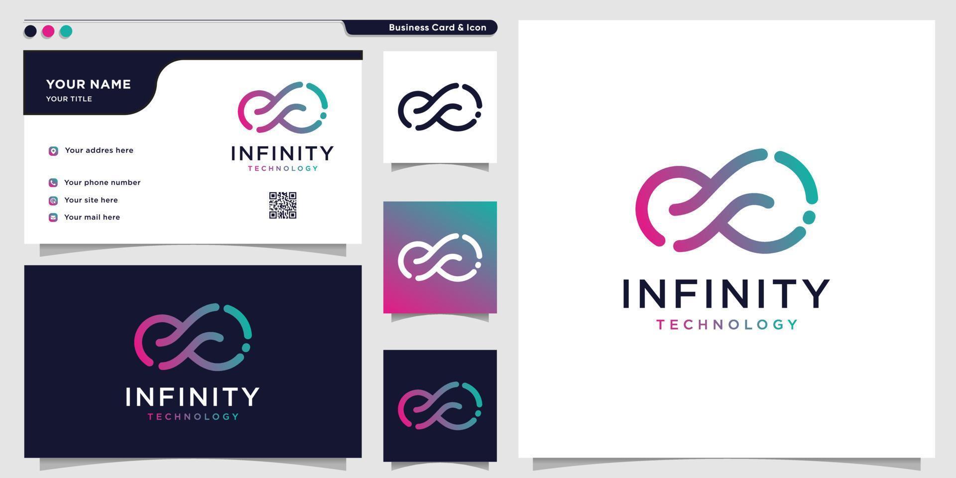 Infinity tech logo with line art style and business card design template, outline, colour gradient, tech, template Premium Vector