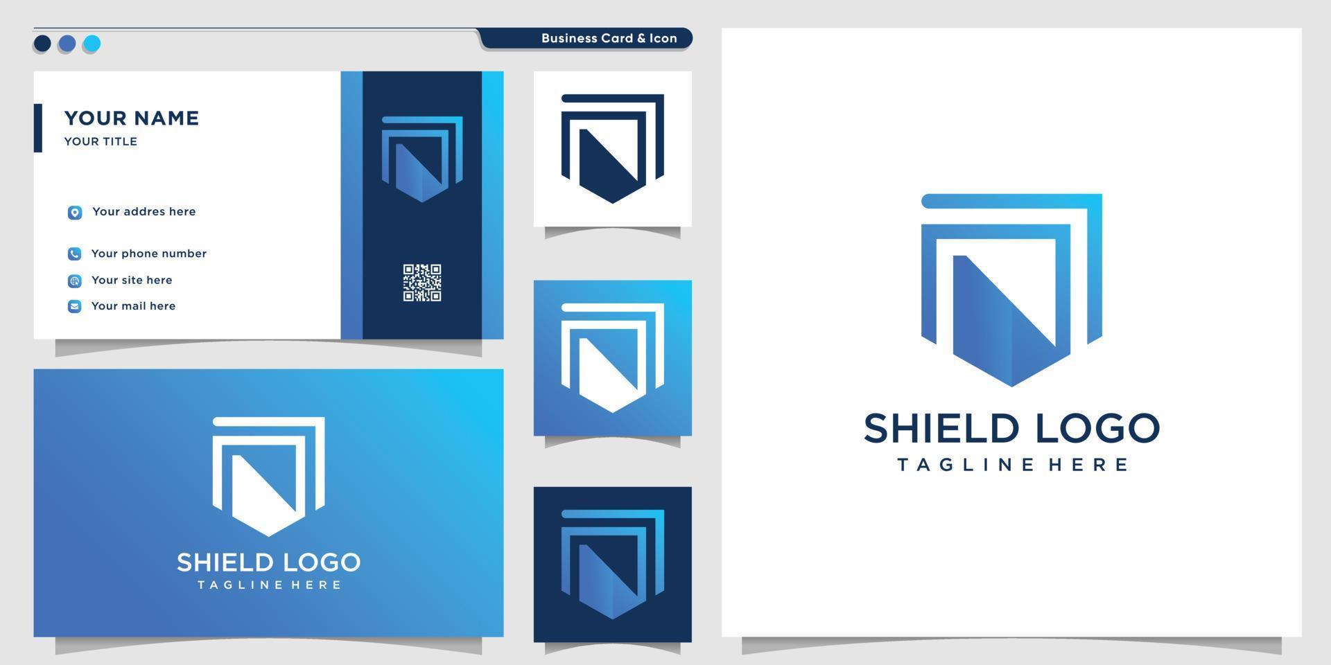 Shield logo with gradient colour style and business card design template, logo template, Premium Vector