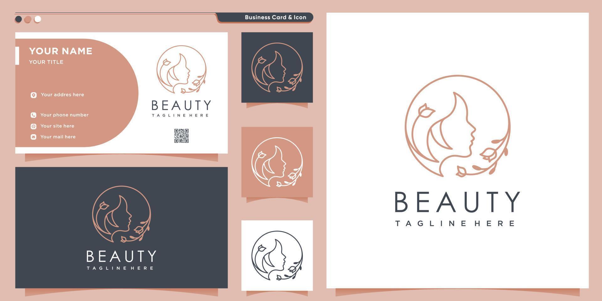 logotipo de belleza con mujer dentro de estilo circular y plantilla de diseño de tarjeta de visita, flor, logotipo, mujer, vector premium