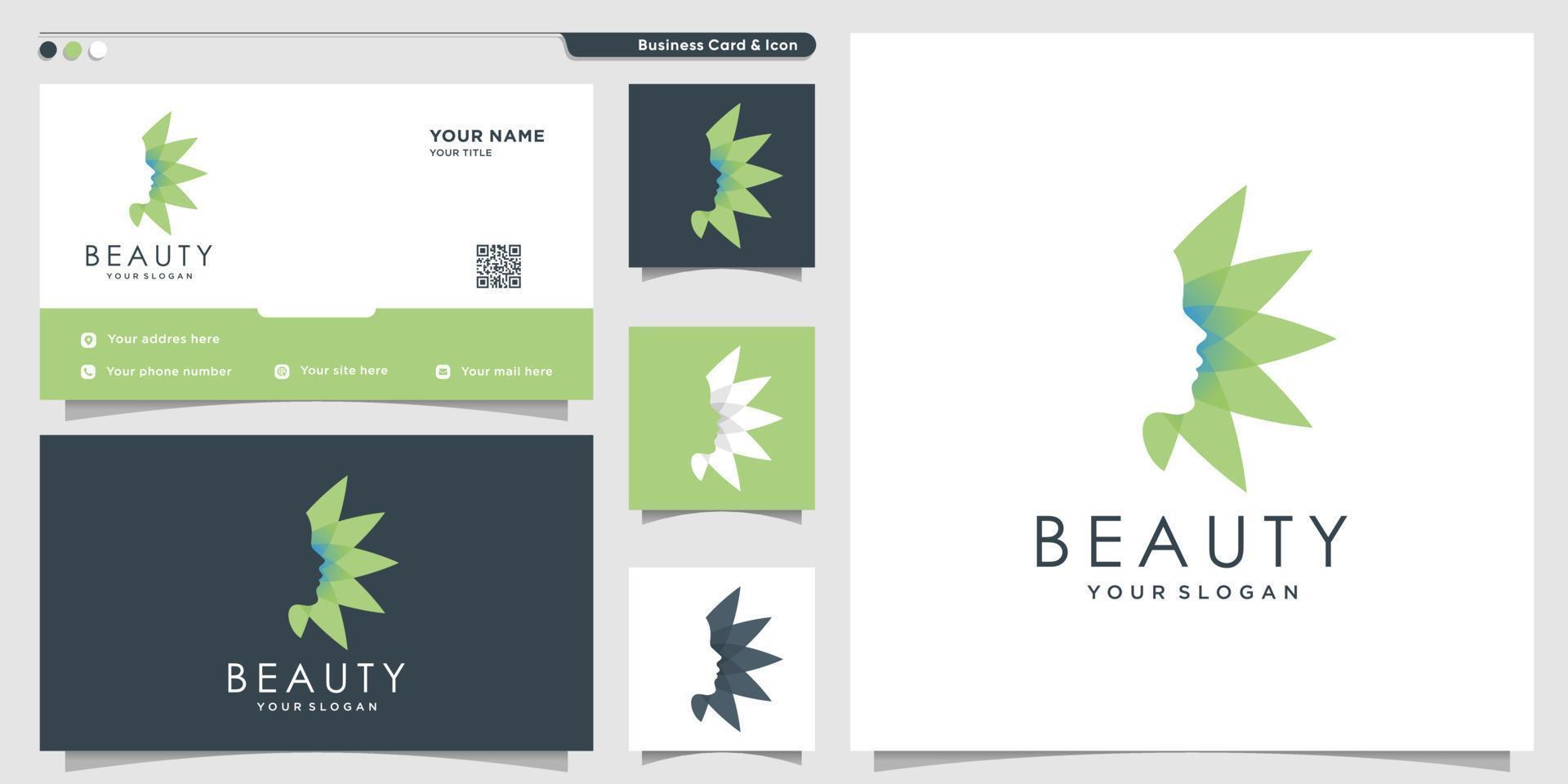 Beauty logo with aloe vera style and business card design template.  beauty, health, face, woman, Premium Vector