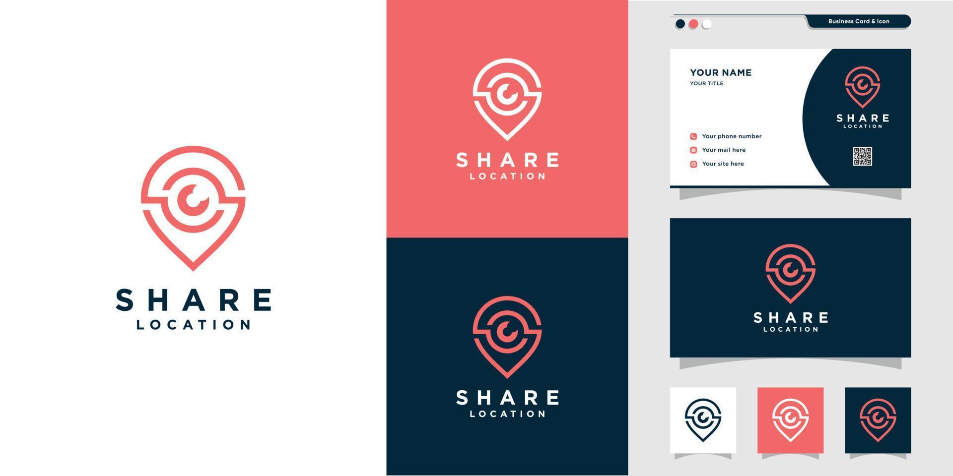 Pin share logo and business card design with line art style. line art, place, map, location, business card, icon, pin logo, Premium Vector