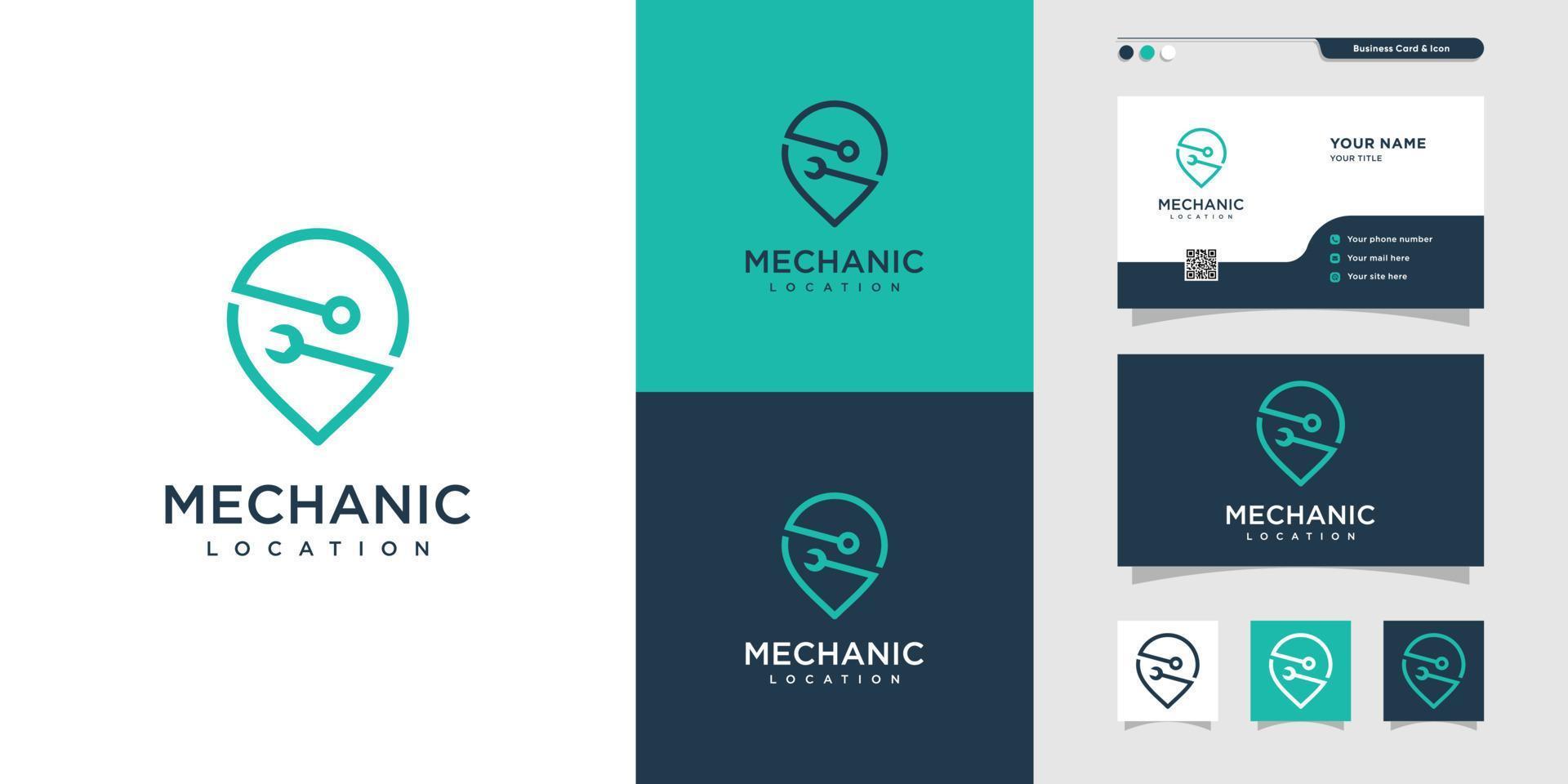 Mechanic location Logo and business card design, pin, location, map, service, repair, Premium Vector